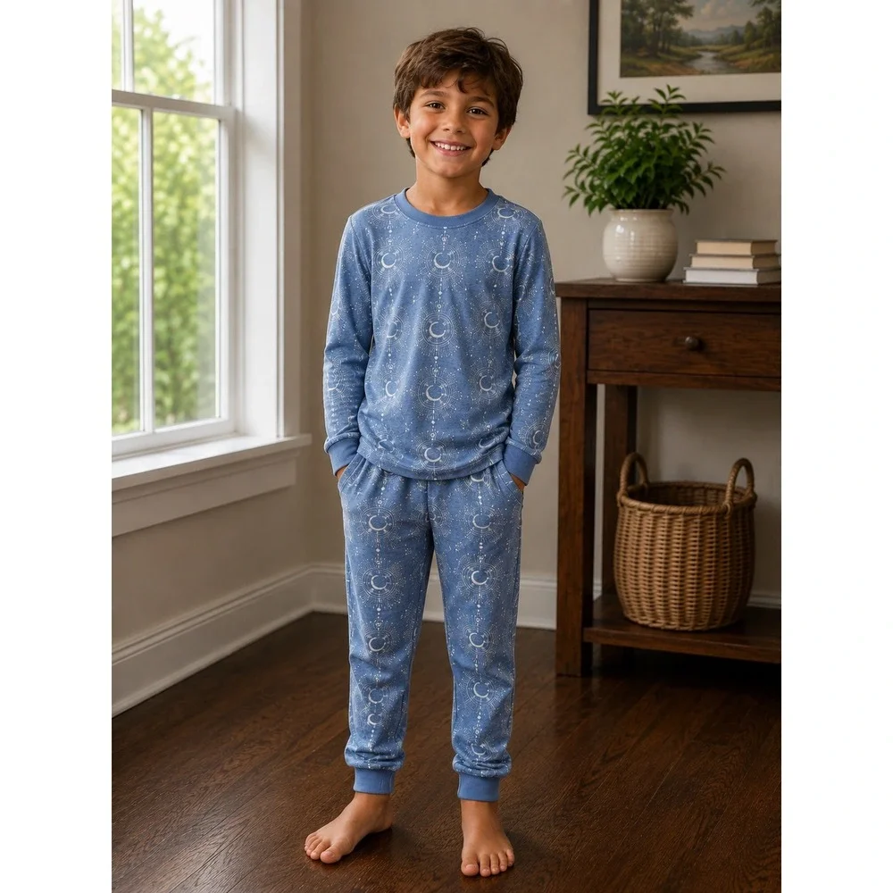 Kate Quinn Kids Blue Celestial Moon Bamboo Viscose Pajama Set 3T Long Sleeve